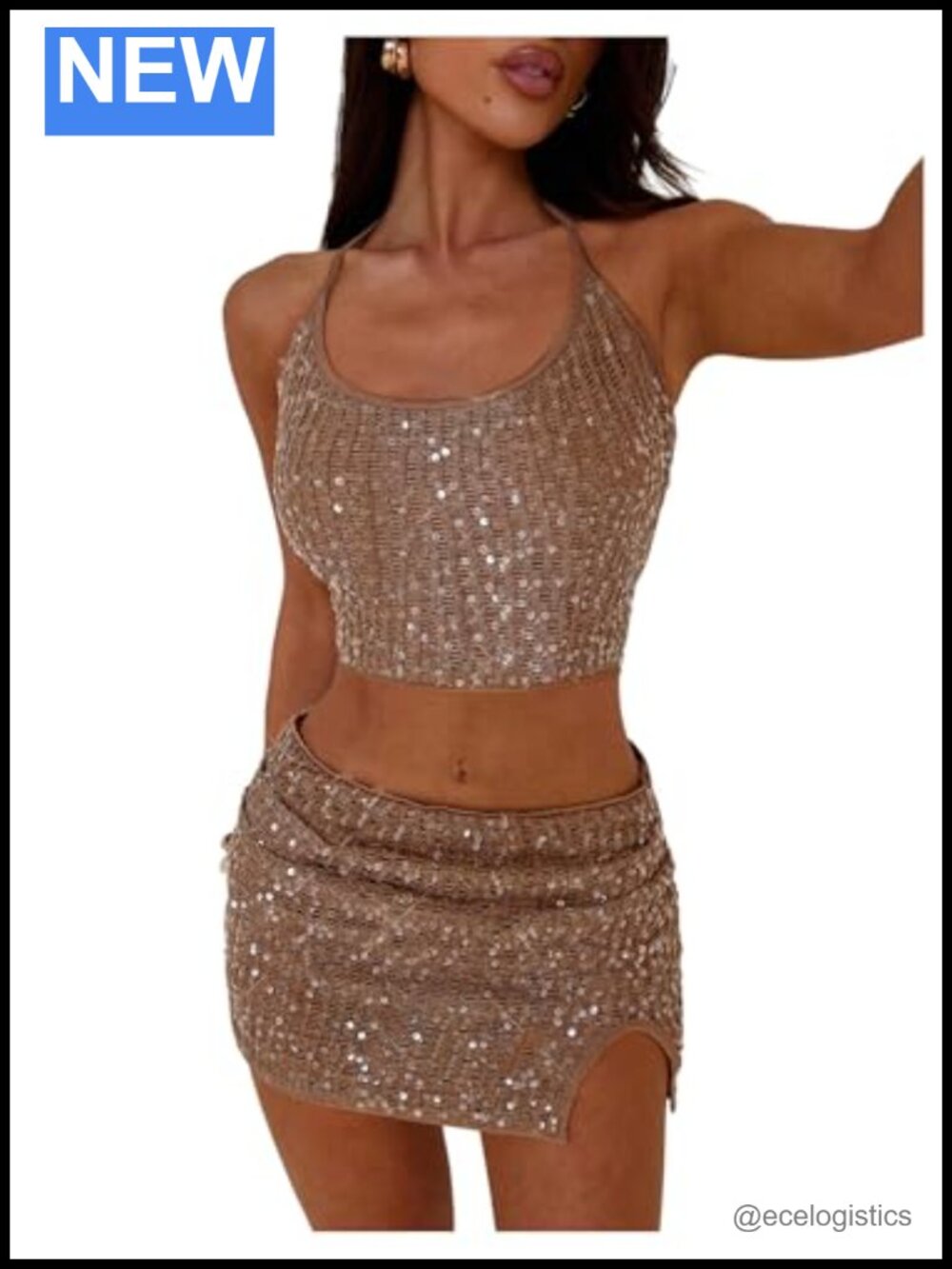2 Piece Sequin Halter Crop Top & Mini Skirt Set Sleeveless